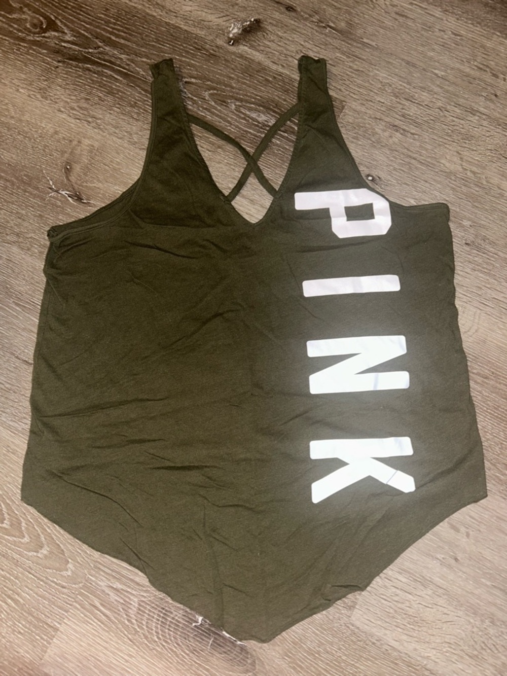 PINK Victoria's Secret Olive Green Crisscross Strap Tank with White Logo